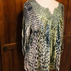 French Blue - Beaded & Rhinestone Green Tunic Top, Size 3X